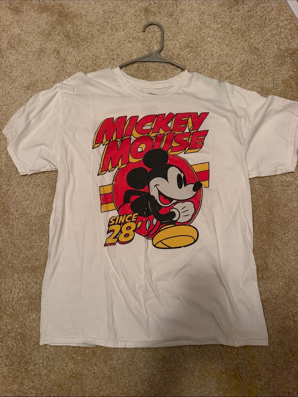 Disney White Tee with Red, Yellow & Black Mickey Graphic